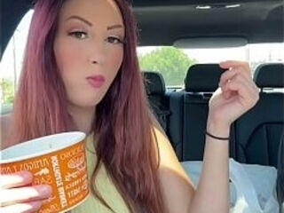 Artemisia Love eating session in the car long hair food