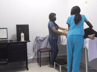 The doctor and the nurse seduce a patient to fuck him in the office