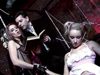 Hot sluts and horny dude introduce young blonde to their fuck games